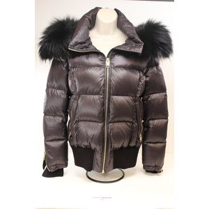 Brown fur-trim hooded puffer jacket